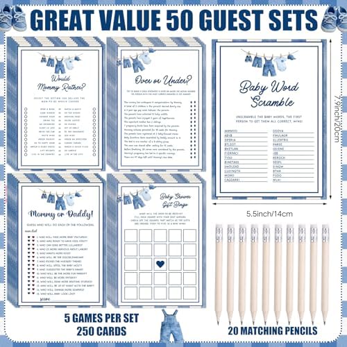 Foilswirl 321 Pcs Blue Jeans Baby Shower Game Supplies Include 250 Activity Cards 20 Pencils 1 Don't Say Baby Sign' 50 Clothespins for Price Prediction Bingo Game Party Decor - Image 3