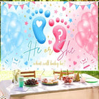 Mocsicka Gender Reveal Backdrop Blue or Pink Balloons Footprint He or She Gender Reveal Theme Banner Party Decorations Photo Booth Props (8x6ft) - Image 5