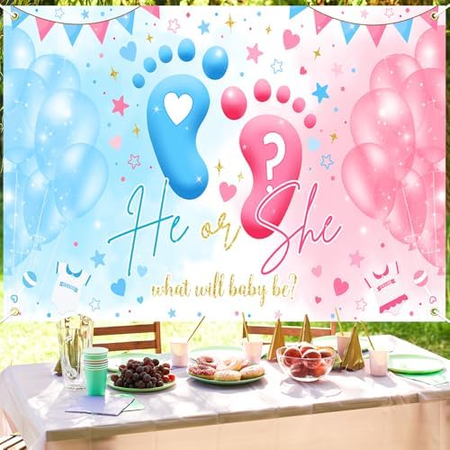 Mocsicka Gender Reveal Backdrop Blue or Pink Balloons Footprint He or She Gender Reveal Theme Banner Party Decorations Photo Booth Props (8x6ft) - Image 5