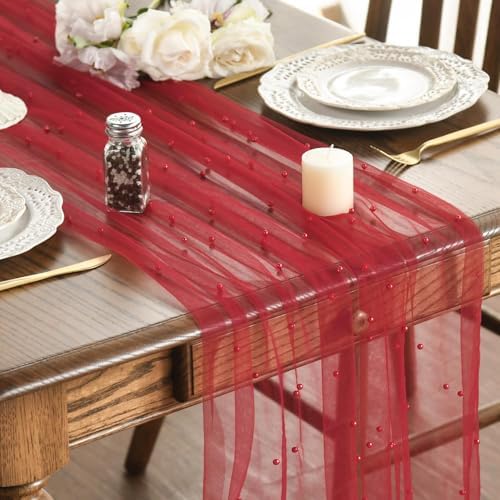 Artoid Mode 10-Pack Pearl Red Gauze Table Runner 10FT Home Decor by ArtoidMode
