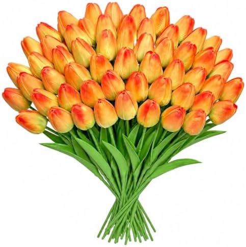 Orange Artificial Tulips for Vase, 48 Faux Tulip Flowers for Fall Centerpiece, Autumn Home Decor, Thanksgiving Table Arrangement & Rustic Farmhouse Decorations by Livresse