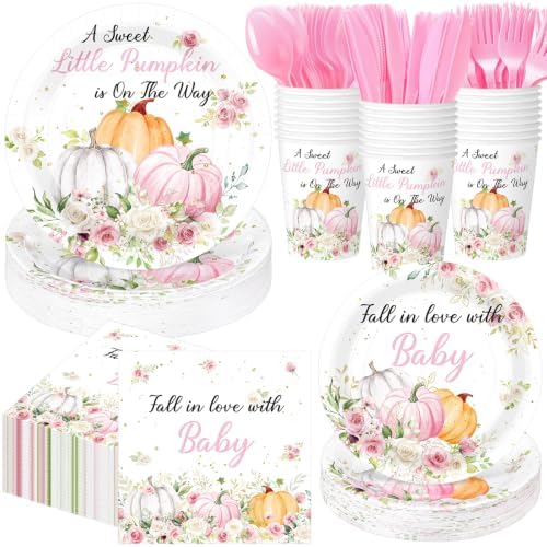 Pickmesh 400 Pcs Pink Pumpkin Baby Shower Plates and Napkins Set by Pickmesh