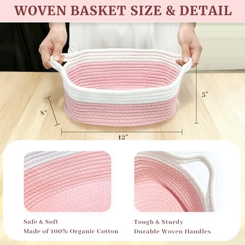 8 Pack Small Woven Baskets with Gift Bags & Ribbons & Cards, Cotton Rope Durable Storage with Handles 12"x8"x5" Empty Gift Baskets for Mother's Day, Baby Showers, Birthdays & Raffle (Pink) - Image 5