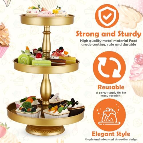 Maxdot 2 Pcs 3 Tier Cupcake Stand, Round Metal Dessert Tower,Gold - Image 4