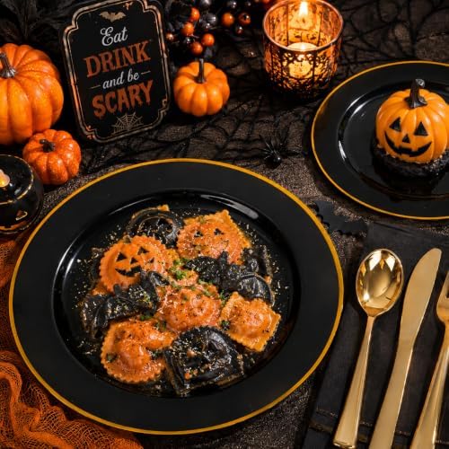 SUT 350-Piece Black and Gold Disposable Plates - Elegant Plastic Dinnerware for 50 Guests, Includes Cups & Napkins | Durable Leak-Proof Design for Weddings, Birthdays, Holidays - Image 6