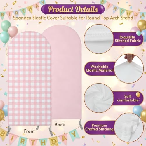 Pink Buffalo Arch Backdrop Cover 6.6 FT, Gingham Striped Pink Plaid Wedding Arch Cover Stretchy Romantic Rustic Backdrop Stands Covers for Birthday Bridal Party Celebration Ceremony Banquet Decor - Image 5