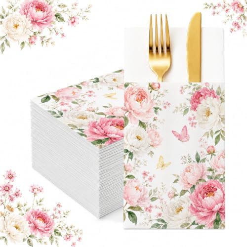Peony Linen Feel Pocket Napkins for Wedding Party Women Birthday Decor by Fouliki