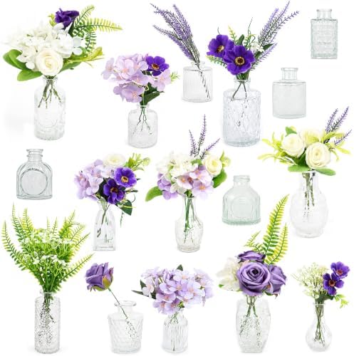 WARMALL Artificial Flowers with Vases, 16 Pcs Bud Vases, & 44Pcs Artificial Purple Flower DIY Set Suitable for Centerpieces Table Weddings Party Office and Indoor Decor Mini Small Glass Clear（Purple） by Unknown