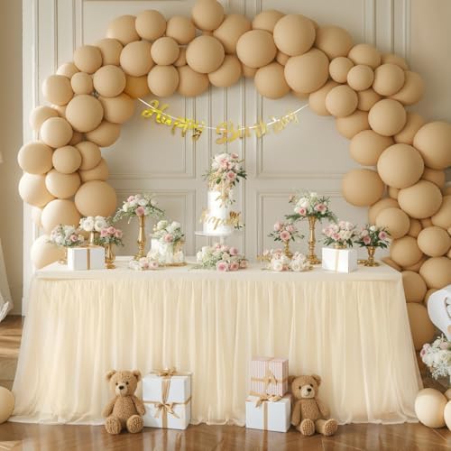 Champagne Tablecloth for 8 Foot Rectangle Tables, Ruffle Tulle Table Skirt for Rectangle Table 8ft Tables Cover Fitted Banquet Birthday Party Wedding Tablecloth Elastic Stretch - Image 6