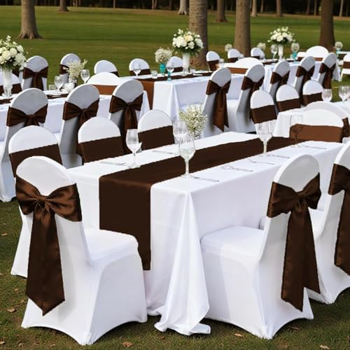 MDS Pack of 100 PCS Satin Chair Sashes Charmeuse Sateen Dining Chair Bows Ribbon Ties Back Sash for Wedding Party Birthday Home Hotel Restaurant Banquet Decoration (7 x 108 Inch, Coffee) - Image 6