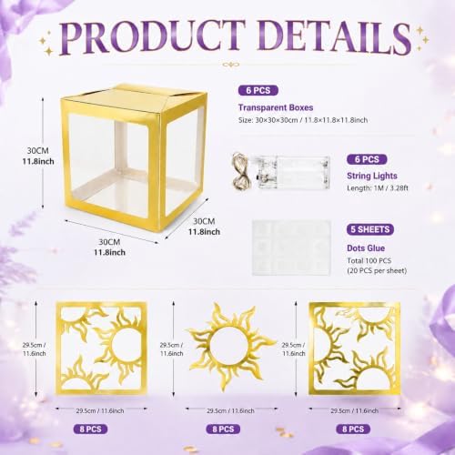 6 Sets Princess Sun Decoration Boxes with Stickers with Light, Large 11.8 in Golden Princess Sun Lantern Boxes for Birthday Baby Shower Wedding Party Photo Props - Image 2
