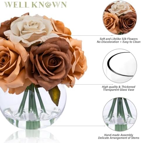 WELL KNOWN Silk Rose Coffee Brown Artificial Flowers Arrangements with Vase - Image 6