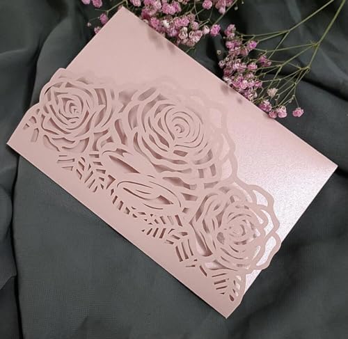 50sets Green Laser Cut Wedding Invitations Card Rose Greeting Cards Envelopes Invitation for Wedding Birthday Baby Graduation Party Supplies (Only invitation cards, Pink) - Image 3