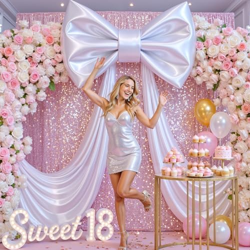 Big White Bow Backdrop Large White Bow Decor Gift Bows Birthday Decorations 48x24x120 Inches Giant Bow Birthday Party Backdrop for Wedding Baby Shower Photography Coquette Room Decor by Tao-GePartyDecorations