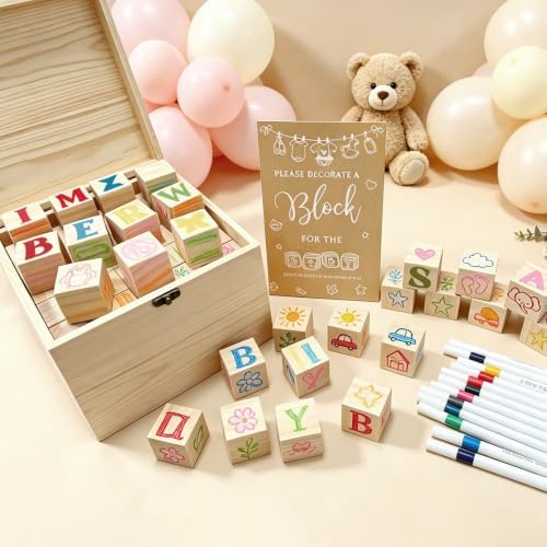 140 Pcs Baby Shower Blocks to Decorate Game Kit Includes Wooden Blocks Markers Game Sign Storage Box for Baby Shower Gender Reveal Activity Party Decorations - Image 6
