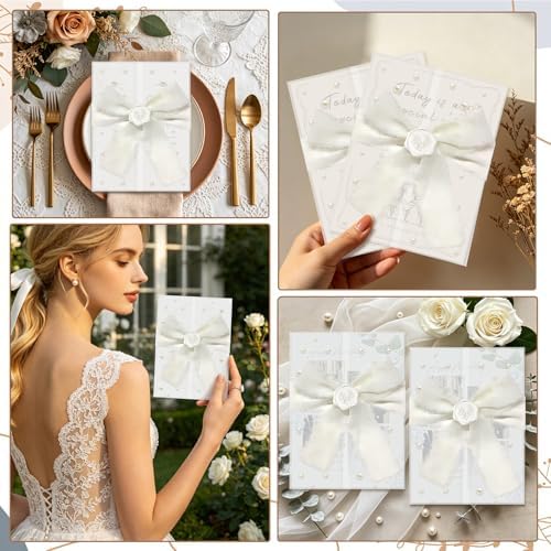 Wedding Invitation Kit, 50 Sets Pre-Folded Vellum Jackets for 5x7 Invites Ribbon Wax Seal Stickers Decorative Pearl Stickers for DIY Wedding Invitations Accessories - Image 3