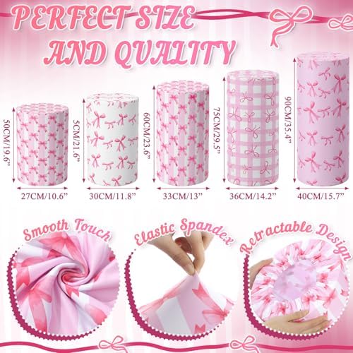 HunnmingRe 5 Pcs Pink Bow Cylinder Pedestal Stand Covers Flexible Cylinder Stand Covers for Girly Party Backdrop Baby Shower Birthday Wedding Dessert Tables Decor Party Display Decor - Image 3