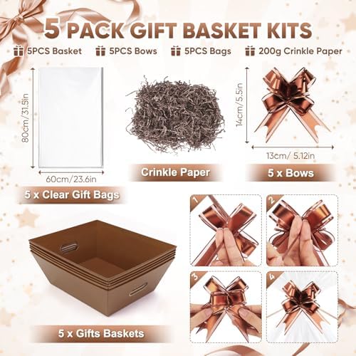 AFOROEOA 5 Pack Brown Baskets for Gifts Empty, 12x10x4” Kraft Gift Basket Kit with 5 Clear Bags, 5 Bows & 200g Crinkle Cut Paper - Large Empty Gift Baskets to Fill for Christmas, Weddings, Birthdays - Image 2