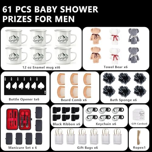 61PCS Baby Shower Prizes for Men 6 Set with Premium 12 OZ Enamel Mug Bottle Opener Manicure Kit Wood Comb Bear Towel Keychain Bath Sponge Gift Bag Baby Shower Game Prizes for Winner Bachelor Party - Image 3