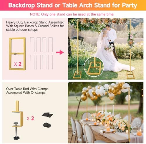Square Backdrop Stand, Wedding Arch Heavy Duty Adjustable Stand, Over The Table Rod Stand with Clamps, Metal Gold Garden Balloon Frame for Baby Shower Party Decoration - Image 3