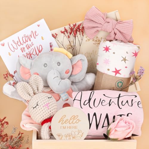 Baby Girl Gifts,Baby Shower Gifts for Girls,New Born Baby Girls Gift,Baby Girl Gift Basket,Unique Baby Gift Essential,Gender Reveal Gifts,Rattle Swaddle Blanket Baby Girl Gifts by PENGTAI