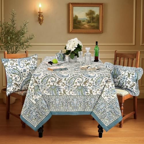 Ridhi Asparagus Blue Paisley Hand Block Print Cotton Rectangle Tablecloth 52x72 inch Reusable Table Cover Decorative Everyday Use for Dining Room, Farmhouse, Home Gift for Spring, Summer - Image 2