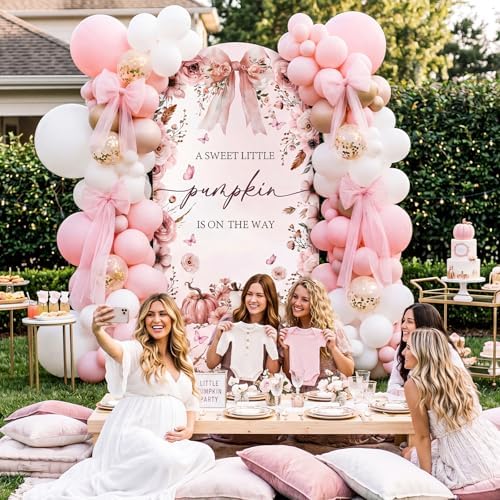 Tegeme 7.2ft a Sweet Little Pumpkin Is on The Way Arch Backdrop Cover Fall Baby Shower Girl Decoration Large Pink Bow Pumpkin Floral Backdrop Party Favor for Gender Reveal Party Photo Background Decor - Image 6