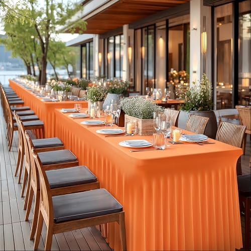 Wish Care 2 Pack Orange Spandex Table Clothes for 6 Foot Rectangle Tables, 6FT Wrinkle Free Fitted Tablecloths Ruffles Design Table Cover for Party, Banquet, Wedding and Events - Image 7