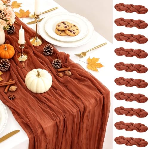 BLUETOP 10 Pack Terracotta Cheesecloth Table Runners 35x120 Inch, 10FT Rustic Burnt Orange Cheese Cloth Table Runner for Wedding Bridal Shower Baby Shower Birthday Holiday Decor by BlueTopCoLtd