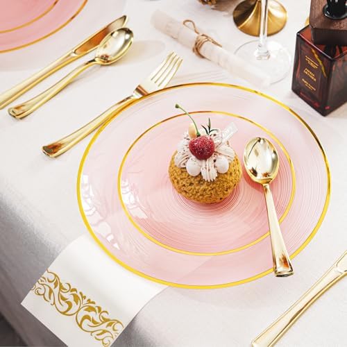 N9R 180PCS Pink and Gold Plastic Plates Disposable, Fancy Dinnerware Set - Image 3