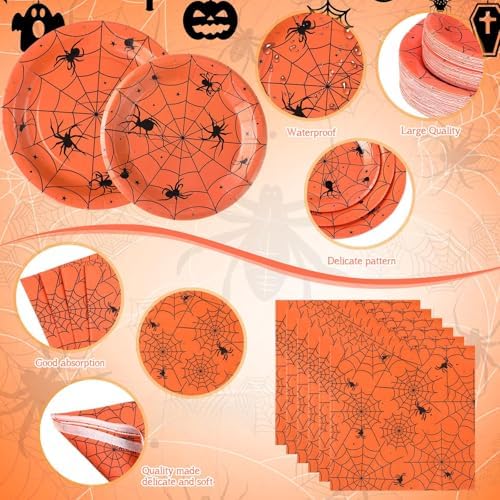 Funnymoom 452 Pcs Halloween Spiderweb Supplies Tableware for 50 Guests, Orange Spider Web Paper Plates Napkins Cups Tablecloth Cutlery Straws for Spiderweb Halloween Birthday Party Decoration - Image 3