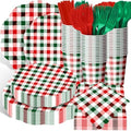Funnymoom 400 Pcs Christmas Party Supplies for 50 Guests Gingham Paper Plates and Napkins Knives Spoon Fork Cup Disposable Checkered Dinner Party Cutlery for Baby Shower Wedding Favor (Red and Green) by Funnymoom