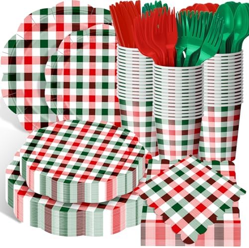 Funnymoom 400 Pcs Christmas Party Supplies for 50 Guests Gingham Paper Plates and Napkins Knives Spoon Fork Cup Disposable Checkered Dinner Party Cutlery for Baby Shower Wedding Favor (Red and Green) by Funnymoom