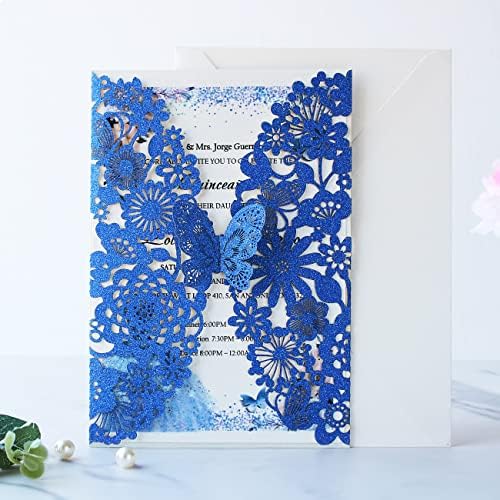 Hosmsua 50pcs Personalized Quinceañera Invitation Kit 5.12 x 7.3 Royal Blue Laser Cut Flora Butterfly Quinceanera Invitations with Envelopes for Wedding Bridal Shower Invite (Royal Blue Glitter) - Image 4