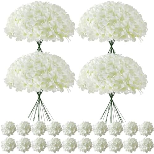 100 Pcs Faux White Hydrangea Artificial Flowers Bulk, Fake Silk Hydrangea Flowers Heads with Stems for Wedding Decorations Garden Party Baby Shower Porch Home Decor Table Centerpieces by Cherica
