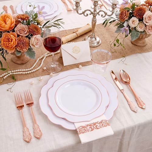 NOCCUR 175PCS Rose Gold Plastic Plates with Disposable Silverware - Include 25Dinner Plates, 25Dessert Plates, 25Forks, 25Knives, 25Spoons, 25Cups, 25Napkins for Party/Wedding/Birthday/Graduation - Image 5