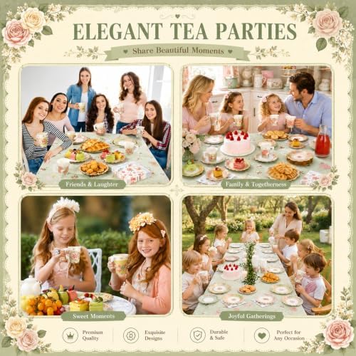 Yungyan 97 Pcs 24 Set Floral Tea Party Supplies, Tea Party Plates and Napkins Set with Tablecloth, Disposable Handle Teacups and Saucers for Birthday Wedding Bridal Shower Decorations(Classic Style) - Image 5