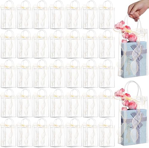 WDSHCR 80 PCS Clear Plastic Gift Bags with Handles, Party Favor Bags with Ribbons, Reusable Goodie Tote Bags for Wedding, Baby Shower, Birthday (Clear 5.9 x 9.8 x 2.8, 80 Pack) by WDSHCR