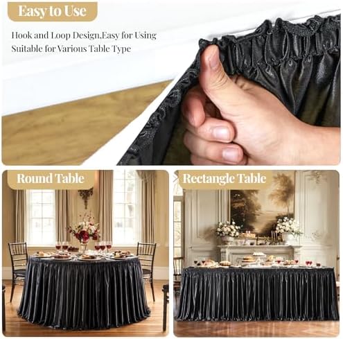 Wish Care 21ft Black Satin Long Table Skirt for Rectangle Tables Wrinkle Free Teacher Desk Skirt Glitter Ruffle Table Skirting Cloth for Back to School Classroom Office Dorm Birthday Party Table Decor - Image 5