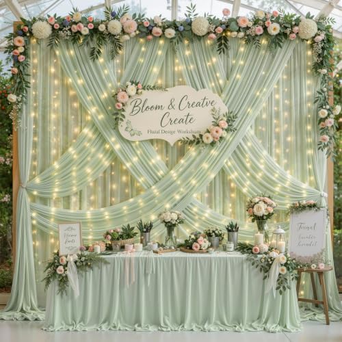 20 x 10ft Sage Green Chiffon Backdrop Curtain with Lights String for Parties,4 Panels Sheer Tulle Curtain Wedding Backdrop for Baby Shower Birthday Party Ceremony Reception Home Decorations - Image 6