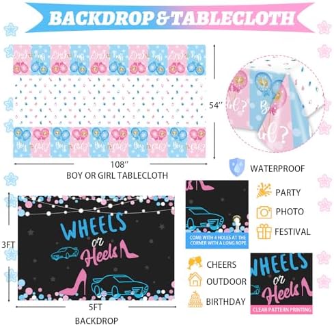 Hombae Wheels or Heels Gender Reveal Decorations, 169 PCs Boy or Girl Gender Reveal Decorations Backdrop Balloon Garland Banner Tablecloth Cake Cupcake Topper Box Cutout Poster Sash Pink Blue - Image 4