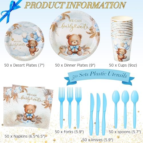 Ziliny 350 Pcs Bear Baby Shower Party Supplies We Can Bearly Wait Paper Plates Napkins Cups and Plastic Cutlery Party Tableware Set for Bear Baby Shower Birthday Decorations, Serves 50 - Image 2