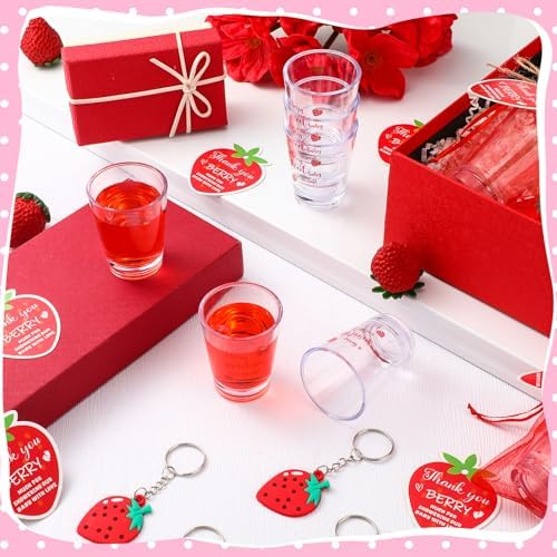 Roshtia 36 Set Strawberry Baby Shower Favors for Guests Clear Acrylic Shot Glasses Thank You Tags Keychains Organza Bags Strawberry Party Supplies for Girl Gender Reveal Favor - Image 5