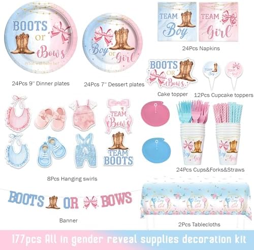 Boots or Bows Gender Reveal Party Supplies Tableware Set, 177 PCs Gender Reveal Table Decorations with Plates, Napkins, Forks, Banner, Tablecloths or Boys Or Girls Party Test Kit, Serves 24 - Image 2