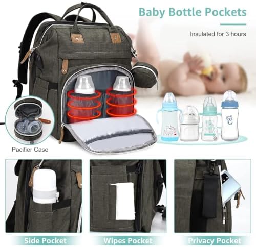 DERJUNSTAR Diaper Bag Backpack, Large Baby Bag with Changing Pad, Thick Padded Back & Straps, Laptop Compartment, Waterproof Travel Backpack with USB Port, Multi-Function for Mom & Dad, Army Green - Image 3