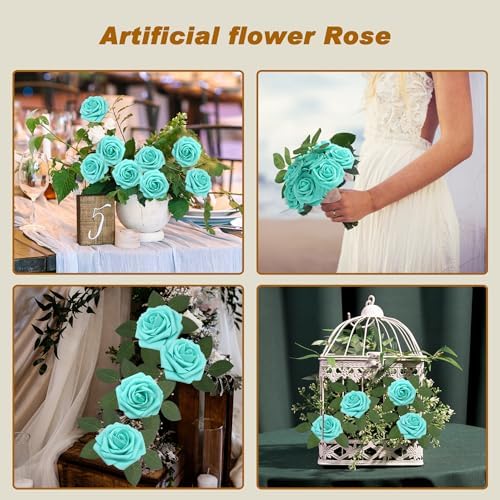 Artificial Flowers Realistic Roses, Real Looking Fake Roses with Stem for DIY Wedding Bouquets Centerpieces Bridal Shower Party Home Romantic Decorations (Turquoise, 100pcs) - Image 3