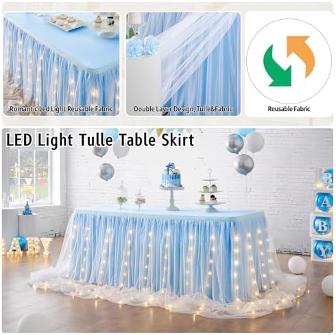 leegleri Baby Blue Tulle Tutu Table Skirt for Baby Shower Wedding and Birthday Party,LED Table Skirt for Rectangle Table (9 ft Table Skirt) - Image 2