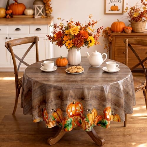Ganeen 12 Pcs Fall Plastic Tablecloth Round Wood Grain Pumpkin 84 x 84 in - Image 4