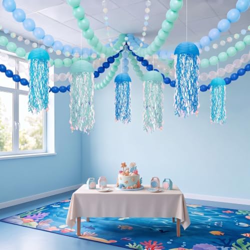 208 Pcs Under the Sea Birthday Party Mermaid Decorations Set 6 Hanging Jellyfish Paper Lanterns 200 Blue Balloon 2 Iridescent Circle Garland for Ocean Beach Party Baby Shower Classroom by Unknown
