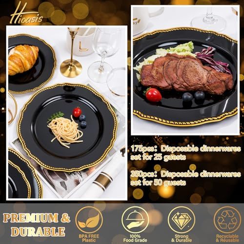 Hioasis 175 Pcs Black and Gold Plastic Plates Wedding & Party - Image 6